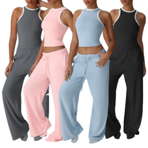 Women's Sport Yoga Vest Trouser Solid Breathable Elastic Waist Active 2 Pcs Fitness Workout Sports Crop Top Flared Pant Gym Set